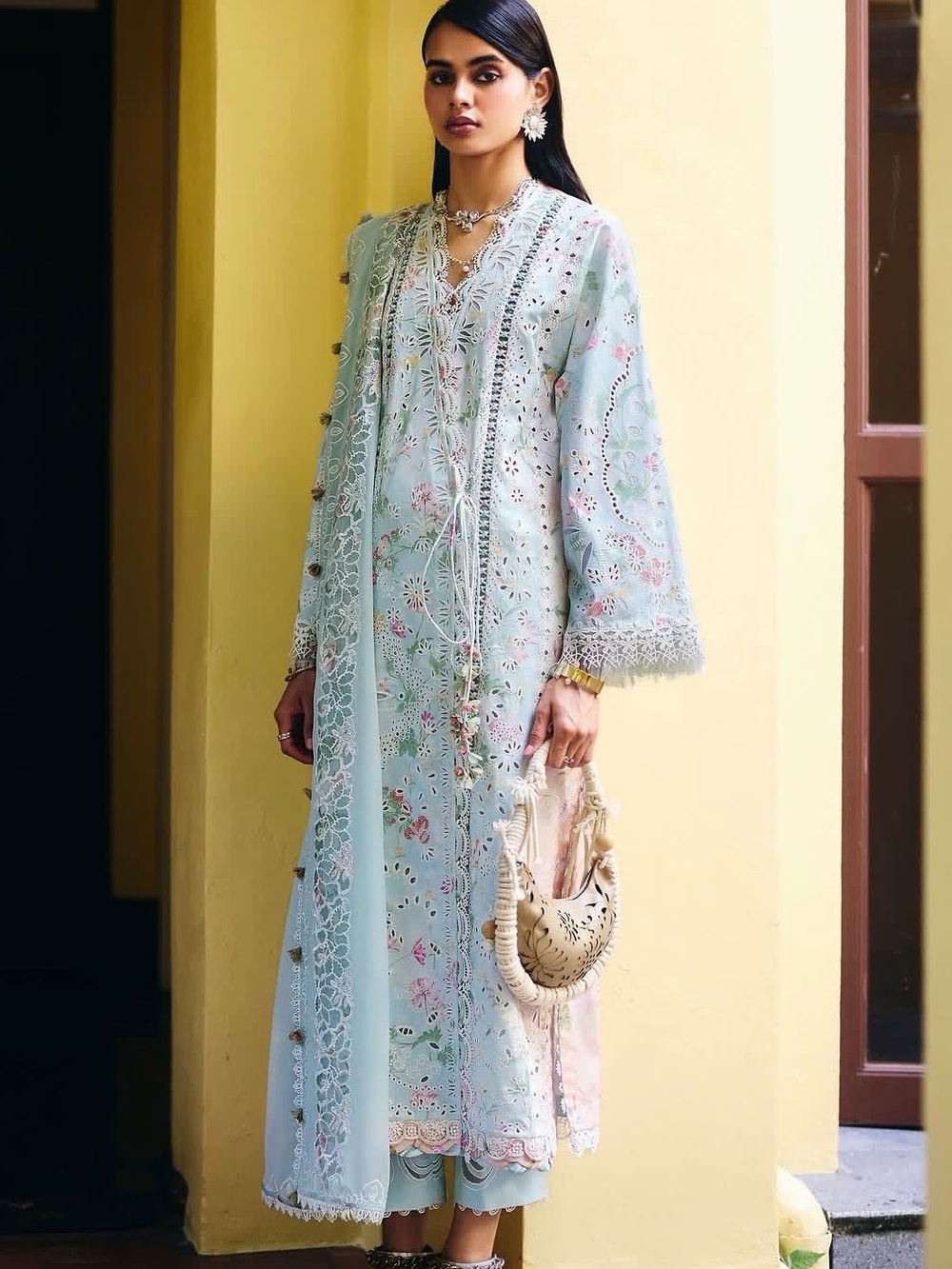 Pastel Blue Embroidered Women's Long Robe